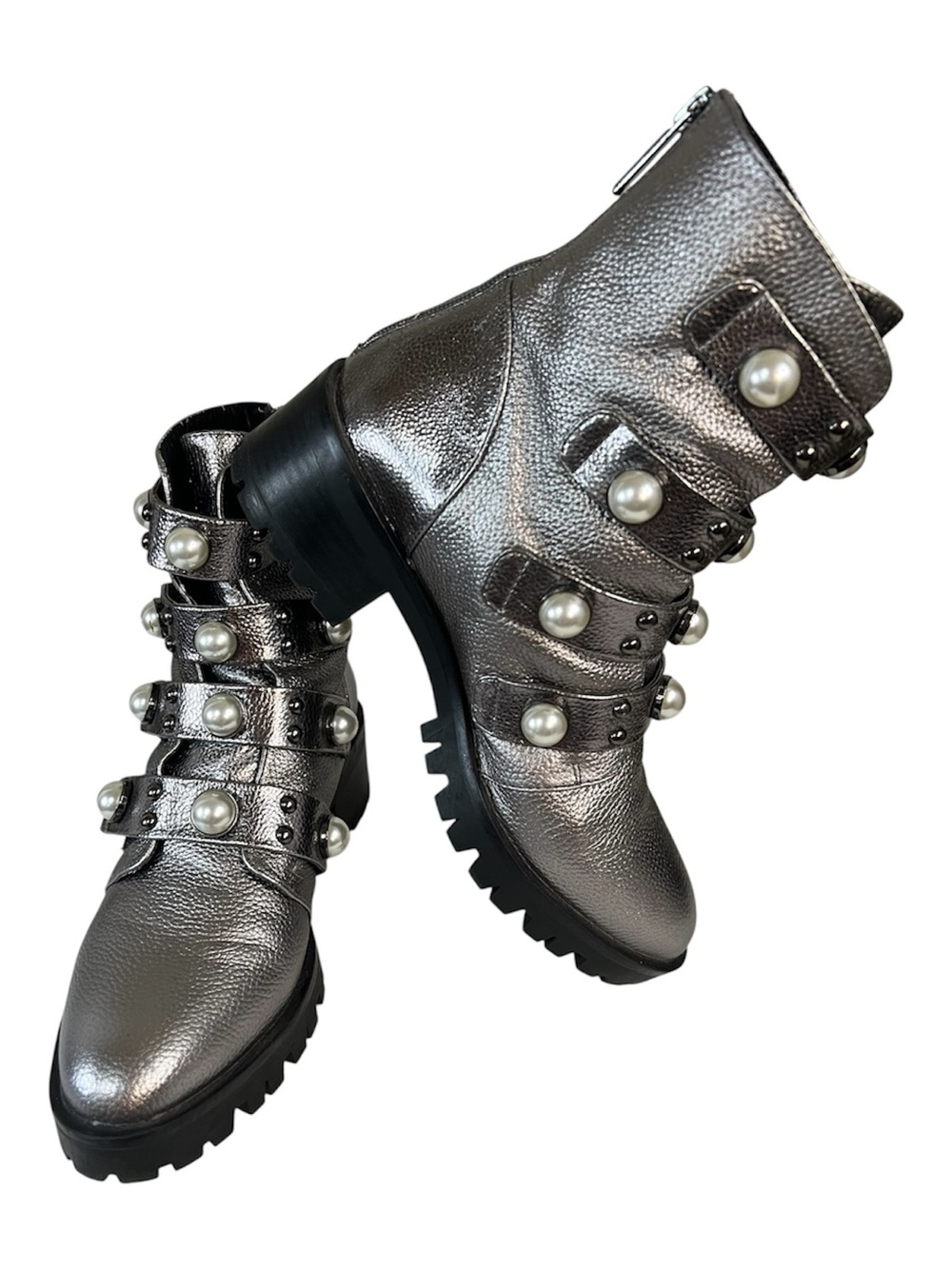Karl Lagerfeld Penelope Metallic Pearl-Embellished Leather Moto Boots